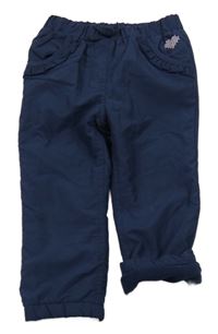 Tmavomodré šušťákové podšité nohavice so srdiečkom a volánikmi Topolino