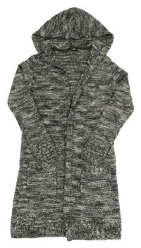 Sivo-biely melírovaný svetrový dlhý cardigán s kapucňou Page one young