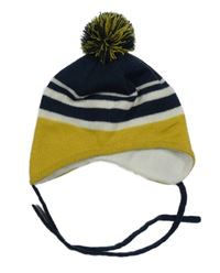 Tmavomodro-žluto-bílá pruhovaná podšitá ušanka s bambulí 