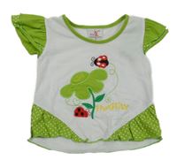 Bílo-zelené tričko s beruškami a volánky 