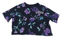 Tmavomodré oversize crop kvetované tričko H&M