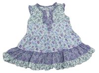 Bielo-fialovo-levandulovo-mátové kvietkovane šaty s volánikmi ZARA