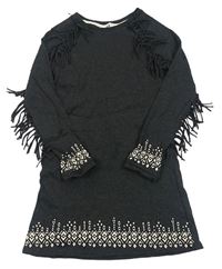 Tmavosivé melírované úpletové šaty so vzorom a strapcemi H&M