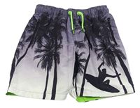 Tmavošedo-biele plážové kraťasy s palmami a surferom F&F