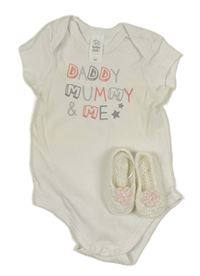 2Set - Biele pletené papučky s květem vel. 14 + biele body C&A