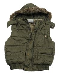 Khaki prešívaná šušťáková zateplená vesta s kapucňou s kožešinou Topolino