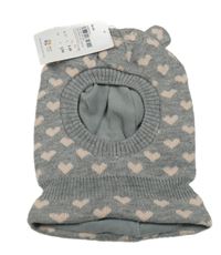 Nové - šedá melírovaná pletená kukla se světlerůžovými srdíčky a oušky Topomini