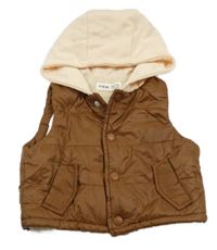 Hnedá prešívaná šušťáková zateplená vesta s kapucňou SHEIN