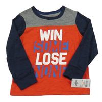 Nové - červeno-šedo-tmavomodré melírované triko s nápisy OshKosh