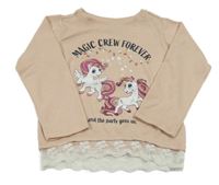 Pudrové úpletové mikinotriko s jednorožcami a čipkovým volánikom dopodopo