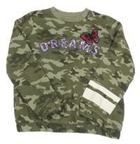 Khaki army mikina s nápisem s flitry a motýlkem a pruhy 