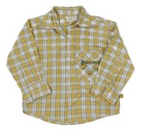 Okrovo-sivo-biela kockovaná košeľa s nápismi a lebkou a žralokom Kiki&Koko