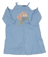 Svetlomodré šaty s kvietkami a volnými rameny BLUE SEVEN