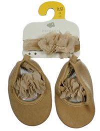 Nové - 2Set - Světlehnědé sametové capáčky s 3D květy PRIMARK vel. 19 + čelenka