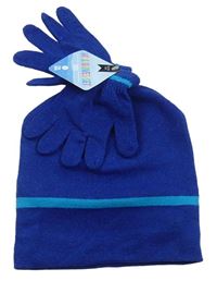 2set- Safírová pletená čepice + rukavice