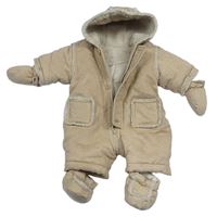 Béžová semišová zateplená kombinéza s kapucí + rukavice + capáčky Mothercare