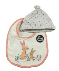 2set - Sivá melírovaná bavlnená čapica s hvězdami + smetanový slinták s králikmi