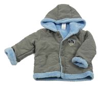 Tmavošedá šusťáková zateplená bunda s nášivkou a kapucí C&A