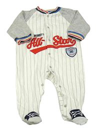 Bílo-šedý pruhovaný overal s nápisem a nášivkou