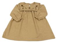 Hnedé rebrované šaty s golierikom s výšivkami Shein