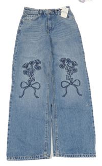 Nové - Modré wide leg rifle s kvetinou Primark