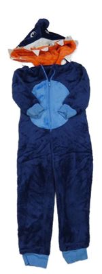 Tmavomodrá plyšová kombinéza s kapucí - žralok 