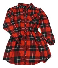 Červeno-čierne kockované košeľové šaty s golierikom Primark