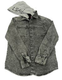 Šedá melírovaná riflová bunda s šedou teplákovou kapucí 