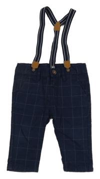 Tmavomodré kostkované podšité kalhoty s kšandami C&A