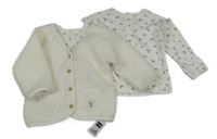 2 set - bílé žebrované triko s volánky a třešněmi + smetanový huňatý podšitý kabátek dunnes