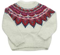 Smetanovo-červený chlpatý sveter so vzorom a kamienkami M&S