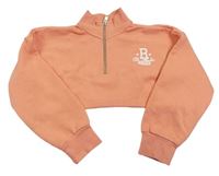 Oranžová crop mikina s logom a všitým bílým žebrovaným crop topem River Island