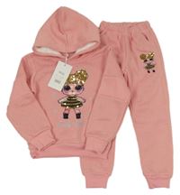 Nové - 2set - Růžová pletená mikina s kapucí + tepláky - LOL