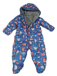 Modrá šusťáková zimní kombinéza s auty a kapucí Mothercare