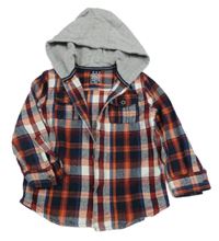 Tmavomodro-červeno-bílá kostkovaná košile s teplákovou kapucí F&F