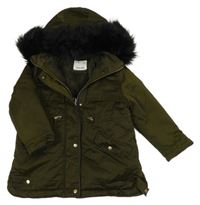 Khaki šusťáková přechodová bunda s kapucí s kožešinou Zara