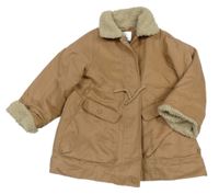 Hnědá šusťáková jarní zateplená parka s huňatým límcem Zara