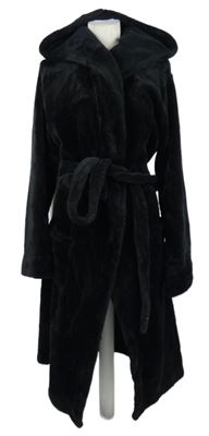 Dámsky čierny chlpatý župan s opaskom a kapucňou M&S