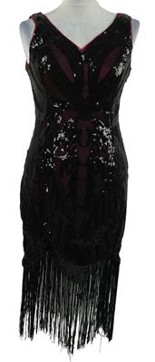 Dámské černo-vínové flitrové společenské šaty s třásněmi Shein 