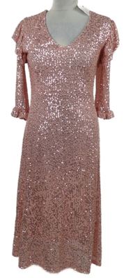 Nové - Dámské růžové flitrové společenské midi šaty Savida 