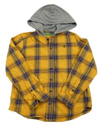 Žlto-modrá kockovaná košeľa s kapucňou Benetton