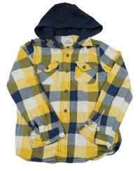 Tmavomodro-žlto-biela kockovaná košeľa s kapucňou Redtag
