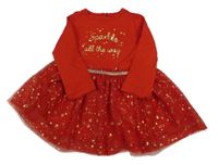ČErvené bavlněno/tylové šaty s nápisem a hvězdičkami 