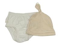 2set - Béžovo-bílá pruhovaná čepice + kalhotky na plenky Mothercare