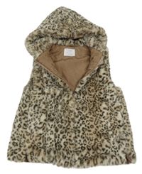 Béžová leopardí kožušinová podšitá vesta s kapucňou Zara