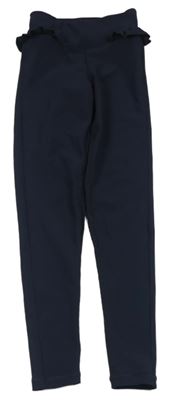 Tmavomodré rebrované športové legíny s volánikmi