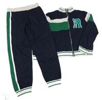 2set - Tmavomodro-bílo-zelený propínací svetr s písmenem + tepláky River Island 