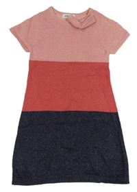 Svetloružová -ružovo-tmavomodré pletené trblietavé šaty s mašlou H&M