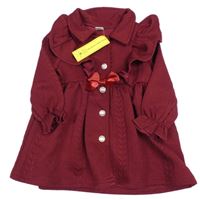 Nové - Vínové vzorované teplákové šaty s mašlou a golierikom Shein