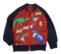 Červeno-tmavomodrá propínací mikina s dinosaury Mouset